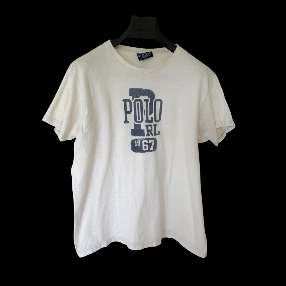 90's Polo Sport Ralph Lauren Cream T-Shirt Large 1967 RL Blue Print